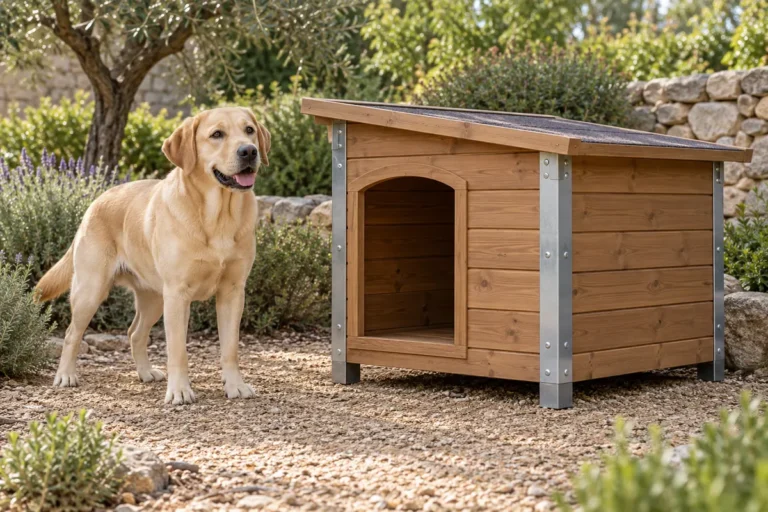 A dog beside a generic wooden shelter with metal corner reinforcement