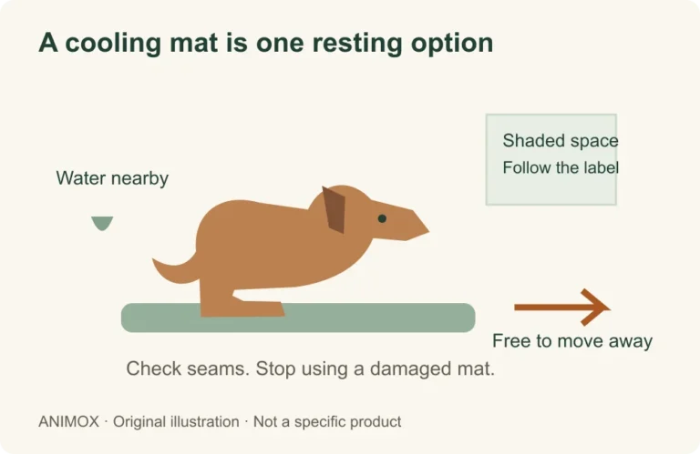 Illustration of a dog on a cooling mat with space to move away and water nearby